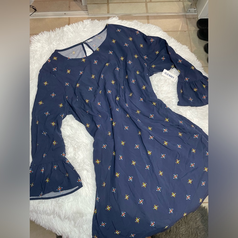 Old Navy Navy Blue Long Sleeve Embroidered Bell-Sleeve Dress
